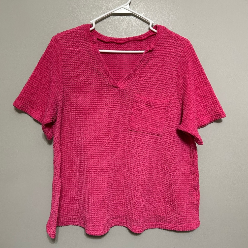Shein Curve Womens Blouse XL Hot Pink Textured V Neck Pocket Sheer Gauze T Shirt